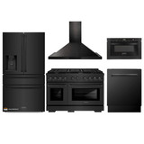 ZLINE 5-Piece Appliance Package - 48-Inch Gas Range, Refrigerator with Water Dispenser, Convertible Wall Mount Hood, Microwave Drawer, and 3-Rack Dishwasher in Black Stainless Steel (5KPRW-SGRBRH48-MWDWV)