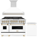 ZLINE Autograph Edition 3-Piece Appliance Package - 48-Inch Gas Range, Wall Mounted Range Hood, & 24-Inch Tall Tub Dishwasher in Stainless Steel and White Door with Gold Trim (3AKPR-SGRWMRH48-G)