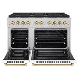 ZLINE Autograph Edition 3-Piece Appliance Package - 48-Inch Gas Range, Wall Mounted Range Hood, & 24-Inch Tall Tub Dishwasher in Stainless Steel and White Door with Gold Trim (3AKPR-SGRWMRH48-G)