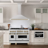 ZLINE 5-Piece Appliance Package - 48-Inch Dual Fuel Range, Hood, Refrigerator with Water Dispenser, Dishwasher, and Microwave Drawer in Stainless Steel with Champagne Bronze Accents