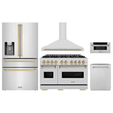 ZLINE 5-Piece Appliance Package - 48-Inch Dual Fuel Range, Hood, Refrigerator with Water Dispenser, Dishwasher, and Microwave Drawer in Stainless Steel with Champagne Bronze Accents