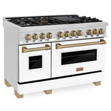 ZLINE Autograph Edition 3-Piece Appliance Package - 48-Inch Dual Fuel Range, Wall Mounted Range Hood, & 24-Inch Tall Tub Dishwasher in Stainless Steel and White Door with Champagne Bronze Trim (3AKP-RAWMRHDWM48-CB)