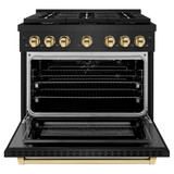ZLINE Autograph Edition 4-Piece Appliance Package - 36-Inch Gas Range, Refrigerator with Water Dispenser, Wall Mounted Range Hood, & 24-Inch Tall Tub Dishwasher in Black Stainless Steel with Gold Trim (4KAPR-SGRBRHDWV36-G)