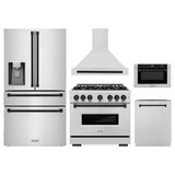 ZLINE 5-Piece Appliance Package - 36-Inch Gas Range, Hood, Refrigerator with Water Dispenser, Dishwasher, and Microwave Drawer in Stainless Steel with Matte Black Accents