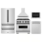 ZLINE 5-Piece Appliance Package - 36-Inch Gas Range, Hood, Refrigerator, Dishwasher, and Microwave Drawer in Stainless Steel with Matte Black Accents