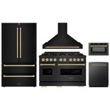 ZLINE 5-Piece Appliance Package - 48-Inch Dual Fuel Range, Hood, Refrigerator, Dishwasher, and Microwave Drawer in Black Stainless Steel with Champagne Bronze Accents