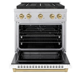 ZLINE Autograph Edition 30-Inch 4.2 cu. ft. Paramount Dual Fuel Range with 4 Burner DuoPro™ Cooktop and Electric Convection Oven in Satin Stainless Steel with White Matte Door and Champagne Bronze Accents (PSDRSZ-WM-30-CB)
