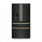 ZLINE Autograph Edition 4-Piece Appliance Package - 48-Inch Gas Range, Refrigerator with Water Dispenser, Wall Mounted Range Hood, & 24-Inch Tall Tub Dishwasher in Black Stainless Steel with Gold Trim (4KAPR-SGRBRHDWV48-G)