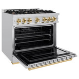 ZLINE 5-Piece Appliance Package - 36-Inch Dual Fuel Range, Hood, Refrigerator, Dishwasher, and Microwave Drawer in Stainless Steel with Gold Accents