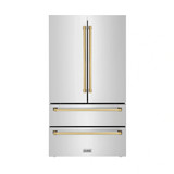 ZLINE 5-Piece Appliance Package - 36-Inch Dual Fuel Range, Hood, Refrigerator, Dishwasher, and Microwave Drawer in Stainless Steel with Gold Accents