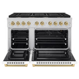 ZLINE Autograph Edition 3-Piece Appliance Package - 48-Inch Gas Range, Wall Mounted Range Hood, & 24-Inch Tall Tub Dishwasher in Stainless Steel and White Door with Champagne Bronze Trim (3AKPR-SGRWMRH48-CB)