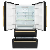 ZLINE 5-Piece Appliance Package - 30-Inch Gas Range, Hood, Refrigerator, Dishwasher, and Microwave Drawer in Black Stainless Steel with Gold Accents