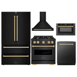 ZLINE 5-Piece Appliance Package - 30-Inch Gas Range, Hood, Refrigerator, Dishwasher, and Microwave Drawer in Black Stainless Steel with Gold Accents
