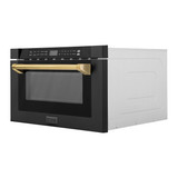 ZLINE 5-Piece Appliance Package - 30-Inch Gas Range, Hood, Refrigerator, Dishwasher, and Microwave Drawer in Black Stainless Steel with Gold Accents