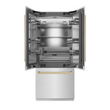 ZLINE Autograph Edition 36-Inch 19.6 cu. ft. French Door Built-In Bottom Freezer Refrigerator with Water Dispenser and Ice Maker in Satin Stainless Steel with Stainless Steel Interior and Champagne Bronze Accents (SRBIVZ-SN-36-CB)