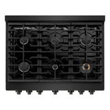 ZLINE 5-Piece Appliance Package - 36-Inch Gas Range, Refrigerator, Convertible Wall Mount Hood, Microwave Drawer, and 3-Rack Dishwasher in Black Stainless Steel (5KPR-SGRBRH36-MWDWV)