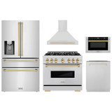 ZLINE 5-Piece Appliance Package - 36-Inch Dual Fuel Range, Hood, Refrigerator with Water Dispenser, Dishwasher, and Microwave Drawer in Stainless Steel with Gold Accents