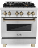 ZLINE Autograph Edition 4-Piece Appliance Package - 30-Inch Dual Fuel Range, Refrigerator, Wall Mounted Range Hood, & 24-Inch Tall Tub Dishwasher in Stainless Steel with Champagne Bronze Trim (4KAPR-RARHDWM30-CB)
