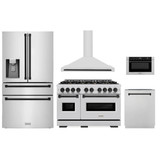 ZLINE 5-Piece Appliance Package - 48-Inch Dual Fuel Range, Hood, Refrigerator with Water Dispenser, Dishwasher, and Microwave Drawer in Stainless Steel with Matte Black Accents