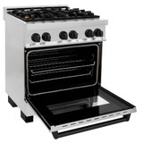 ZLINE Autograph Edition 4-Piece Appliance Package - 30-Inch Dual Fuel Range, Refrigerator, Wall Mounted Range Hood, & 24-Inch Tall Tub Dishwasher in Stainless Steel with Matte Black Trim (4KAPR-RARHDWM30-MB)