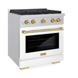 ZLINE Autograph Edition 3-Piece Appliance Package - 30-Inch Gas Range, Wall Mounted Range Hood, & 24-Inch Tall Tub Dishwasher in Stainless Steel and White Door with Champagne Bronze Trim (3AKP-SGRWMRHDWM30-CB)