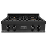 ZLINE 5-Piece Appliance Package - 30-Inch Rangetop with Brass Burners, Refrigerator, 30-Inch Electric Wall Oven, 3-Rack Dishwasher, and Convertible Wall Mount Hood in Black Stainless Steel (5KPR-RTBRH30-AWSDWV)