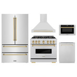 ZLINE 5-Piece Appliance Package - 36-Inch Gas Range, Hood, Refrigerator, Dishwasher, and Microwave Drawer in Stainless Steel with Gold Accents