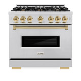 ZLINE 5-Piece Appliance Package - 36-Inch Gas Range, Hood, Refrigerator, Dishwasher, and Microwave Drawer in Stainless Steel with Gold Accents