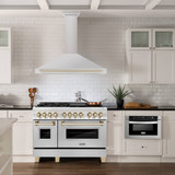 ZLINE 5-Piece Appliance Package - 48-Inch Gas Range, Hood, Refrigerator, Dishwasher, and Microwave Drawer in Stainless Steel with Gold Accents