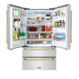 ZLINE 5-Piece Appliance Package - 48-Inch Gas Range, Hood, Refrigerator, Dishwasher, and Microwave Drawer in Stainless Steel with Gold Accents