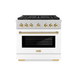 ZLINE Autograph Edition 36-Inch 5.2 cu. ft. Paramount Gas Range with 6 Burner DuoPro™ Cooktop and Convection Gas Oven in Satin Stainless Steel with White Matte Door and Polished Gold Accents (PSGRSZ-WM-36-G)