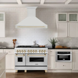 ZLINE Autograph Edition 3-Piece Appliance Package - 48-Inch Dual Fuel Range, Wall Mounted Range Hood, & 24-Inch Tall Tub Dishwasher in Stainless Steel with Gold Trim (3AKP-RARHDWM48-G)