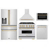 ZLINE 5-Piece Appliance Package - 36-Inch Dual Fuel Range, Hood, Refrigerator with Water Dispenser, Dishwasher, and Microwave Drawer in Stainless Steel with Champagne Bronze Accents