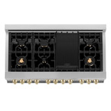 ZLINE Autograph Edition 4-Piece Appliance Package - 48-Inch Dual Fuel Range, Refrigerator with Water Dispenser, Wall Mounted Range Hood, & 24-Inch Tall Tub Dishwasher in Stainless Steel with Gold Trim (4AKPR-RARHDWM48-G)