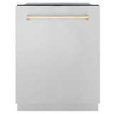 ZLINE Autograph Edition 4-Piece Appliance Package - 48-Inch Dual Fuel Range, Refrigerator with Water Dispenser, Wall Mounted Range Hood, & 24-Inch Tall Tub Dishwasher in Stainless Steel with Gold Trim (4AKPR-RARHDWM48-G)