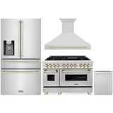 ZLINE Autograph Edition 4-Piece Appliance Package - 48-Inch Dual Fuel Range, Refrigerator with Water Dispenser, Wall Mounted Range Hood, & 24-Inch Tall Tub Dishwasher in Stainless Steel with Gold Trim (4AKPR-RARHDWM48-G)