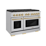 ZLINE Autograph Edition 3-Piece Appliance Package - 48-Inch Gas Range, Wall Mounted Range Hood, & 24-Inch Tall Tub Dishwasher in Stainless Steel with Gold Trim (3AKPR-SGRRH48-G)