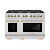 ZLINE Autograph Edition 3-Piece Appliance Package - 48-Inch Gas Range, Wall Mounted Range Hood, & 24-Inch Tall Tub Dishwasher in Stainless Steel with Gold Trim (3AKPR-SGRRH48-G)