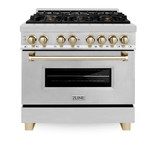ZLINE Autograph Edition 4-Piece Appliance Package - 36-Inch Dual Fuel Range, Refrigerator, Wall Mounted Range Hood, & 24-Inch Tall Tub Dishwasher in Stainless Steel with Gold Trim (4KAPR-RARHDWM36-G)