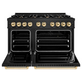 ZLINE 5-Piece Appliance Package - 48-Inch Gas Range, Hood, Refrigerator with Water Dispenser, Dishwasher, and Microwave Drawer in Black Stainless Steel with Gold Accents