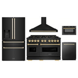 ZLINE 5-Piece Appliance Package - 48-Inch Gas Range, Hood, Refrigerator with Water Dispenser, Dishwasher, and Microwave Drawer in Black Stainless Steel with Gold Accents