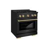 ZLINE Autograph Edition 4-Piece Appliance Package - 30-Inch Gas Range, Refrigerator, Wall Mounted Range Hood, & 24-Inch Tall Tub Dishwasher in Black Stainless Steel with Gold Trim (4AKPR-SGRBRHDWV30-G)
