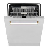 ZLINE 5-Piece Appliance Package - 30-Inch Dual Fuel Range, Hood, Refrigerator with Water Dispenser, Dishwasher, and Microwave Drawer in Stainless Steel with Gold Accents