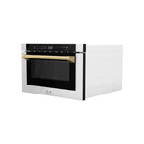 ZLINE 5-Piece Appliance Package - 30-Inch Dual Fuel Range, Hood, Refrigerator with Water Dispenser, Dishwasher, and Microwave Drawer in Stainless Steel with Gold Accents