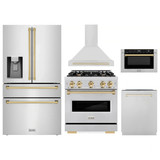 ZLINE 5-Piece Appliance Package - 30-Inch Dual Fuel Range, Hood, Refrigerator with Water Dispenser, Dishwasher, and Microwave Drawer in Stainless Steel with Gold Accents