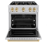 ZLINE 5-Piece Appliance Package - 30-Inch Dual Fuel Range, Hood, Refrigerator with Water Dispenser, Dishwasher, and Microwave Drawer in Stainless Steel with Gold Accents