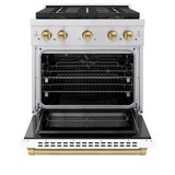 ZLINE Autograph Edition 30-Inch 4.2 cu. ft. Paramount Dual Fuel Range with 4 Burner DuoPro™ Cooktop and Electric Convection Oven in Stainless Steel with White Matte Door and Champagne Bronze Accents (PSDRZ-WM-30-CB)