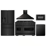 ZLINE 5-Piece Appliance Package - 48-Inch Gas Range, Hood, Refrigerator with Water Dispenser, Dishwasher, and Microwave Drawer in Black Stainless Steel