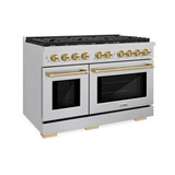 ZLINE Autograph Edition 3-Piece Appliance Package - 48-Inch Gas Range, Wall Mounted Range Hood, & 24-Inch Tall Tub Dishwasher in Stainless Steel with Champagne Bronze Trim (3AKPR-SGRRH48-CB)
