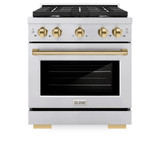ZLINE Autograph Edition 4-Piece Appliance Package - 30-Inch Gas Range, Refrigerator with Water Dispenser, Wall Mounted Range Hood, & 24-Inch Tall Tub Dishwasher in Stainless Steel with Gold Trim (4AKPR-SGRRHDWM30-G)